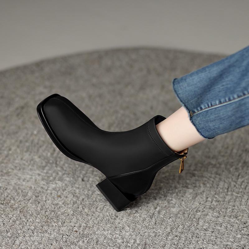 British Style Thick Heel Rear Zipper Martin Boots Color Matching Square Head Elastic Thin Short Boots 2025 Autumn and Winter Single Boots Women