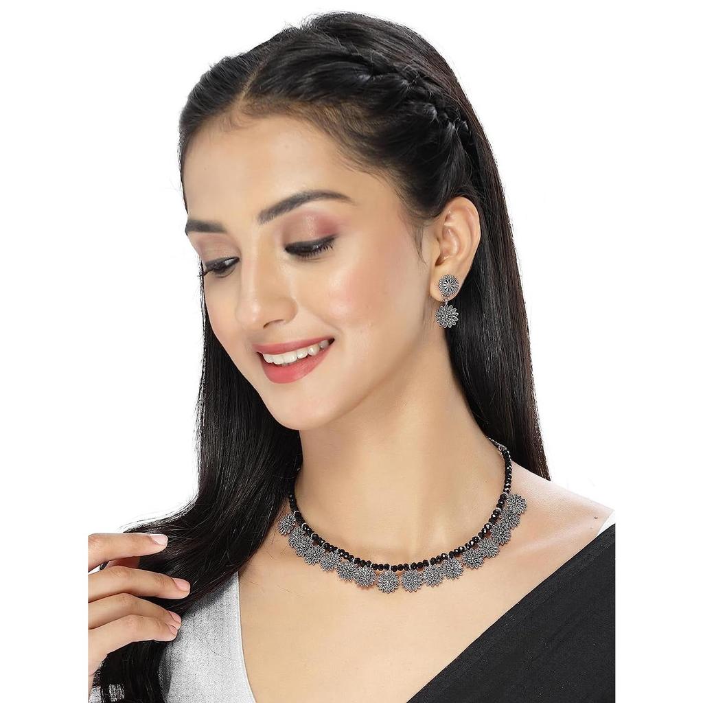 Trendy Oxidised Silver Plated Floral Shaped Choker Necklace Set For Women