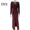 A-Linie Silhouette Cocktailkleid Damen Abend Deep V-Ausschnitt Pailletten-Dekor Lange Ärmel Elastische Taille Plissiert Hohe Absätze Kombinieren Geschlitzter Saum Uni