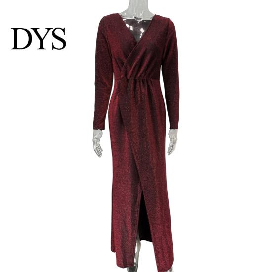 A-Linie Silhouette Cocktailkleid Damen Abend Deep V-Ausschnitt Pailletten-Dekor Lange Ärmel Elastische Taille Plissiert Hohe Absätze Kombinieren Geschlitzter Saum Uni