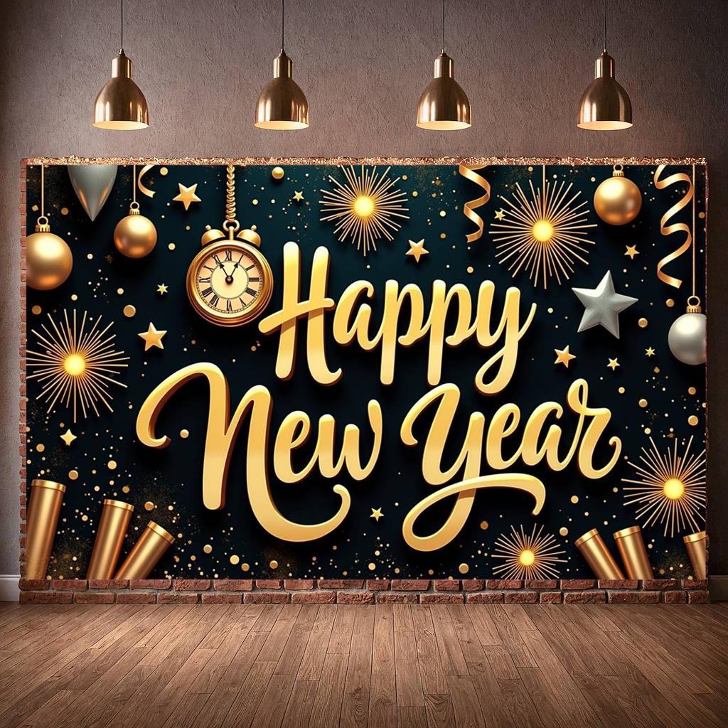Event Banner Clock Decoration New Year Banner Festive Banner Metallic Color For Public Celebration Festive Gathering Home
