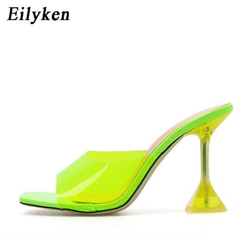 Mode Eilyken Grün Orange PVC Transparent Kristall Stiletto High Heels Jelly Damen Hausschuhe Street Style Offene Zehen Sandalen Clogs Schuhe