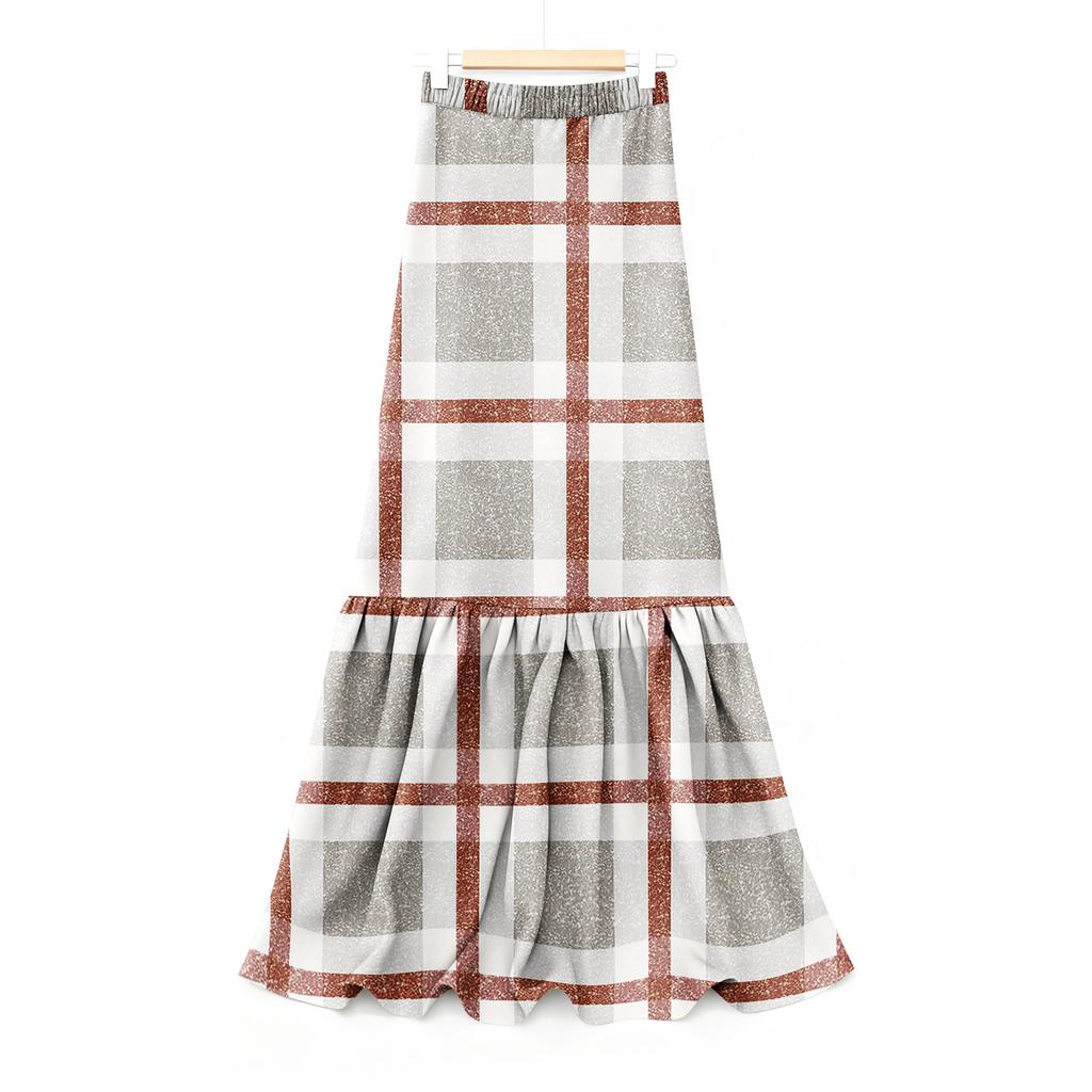 Women's Ruffled Casual Long Skirt Plaid Skirt Retro Pleated Skirt