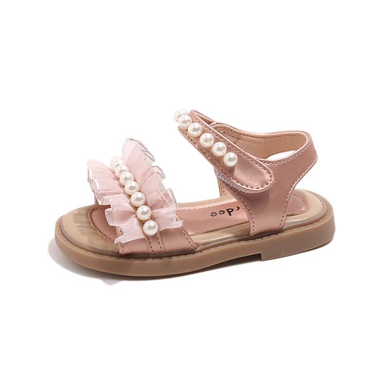 Dziewczęce Buty Plażowe Dziecięce Sandały Perły z Koronką Księżniczka Słodkie Odkryte Palce Miękkie Antypoślizgowe Urocze dla Dzieci Lato 2025 Fabrycznie Nowe