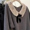 Sheep Wool, Korean Bow Gray Knitted Sweater Doll Collar Loose Short Women's Autumn and Winter Warm Sweater
