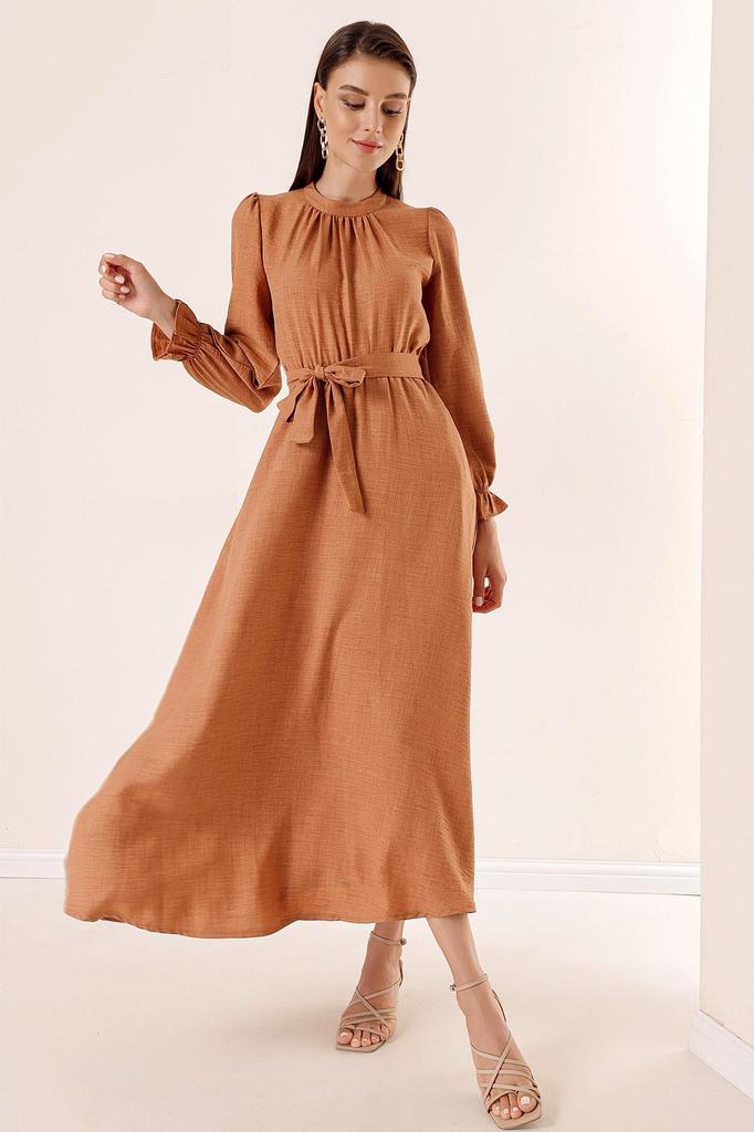 Linen Effect Long Dress with Belted Waist and Side Pockets