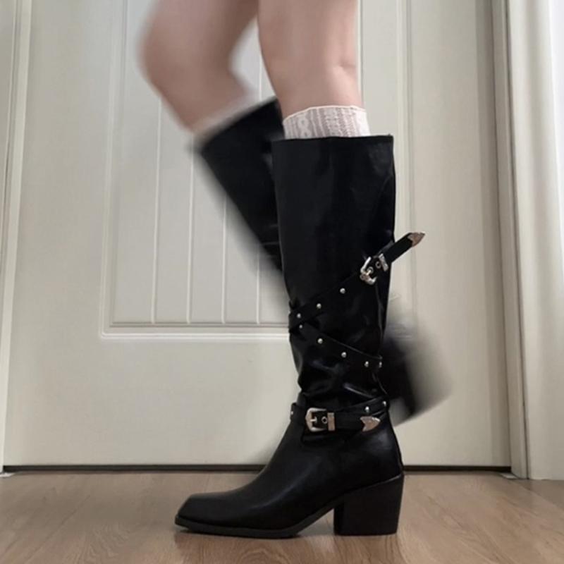 Winter Belt Buckle Women Knight High Boots Elegant Thick Heel Shoes Female Vintage Square Toe Slim Long Booties Zapatos De Muje