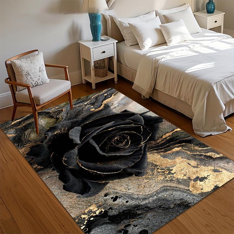 

Soft Non-Slip Washable Black Gold Rose Marble Area Rug Floor Carpet for Bedroom Living Room Luxury Aesthetic Decor 40cm x 60cm