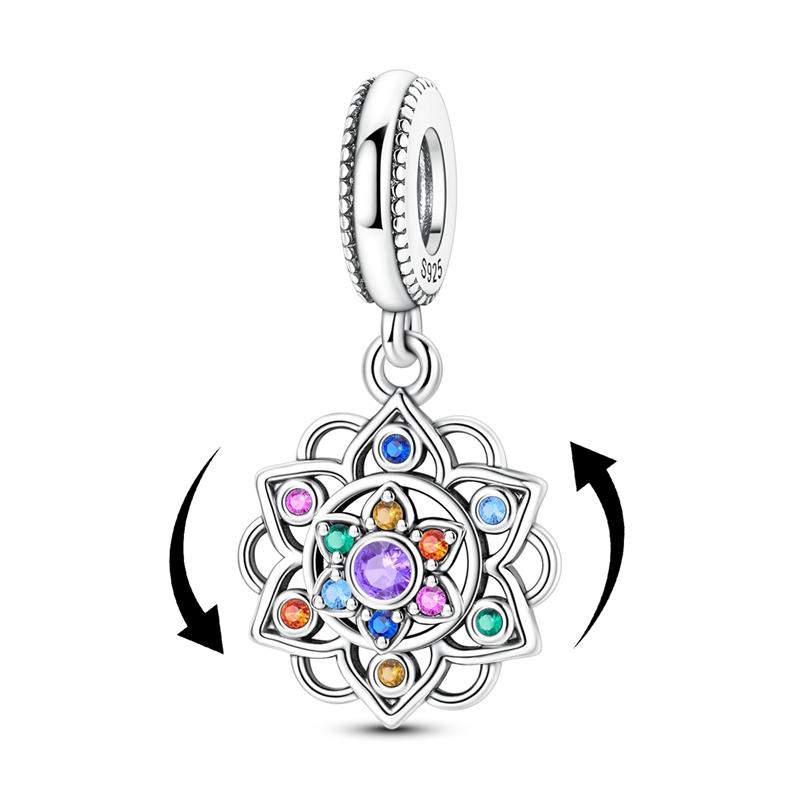 

925 Silver Charms Bead CZ Zircon Spinning Colorful Lotus Dangle Fit Original Bracelet DIY Women Jewelry