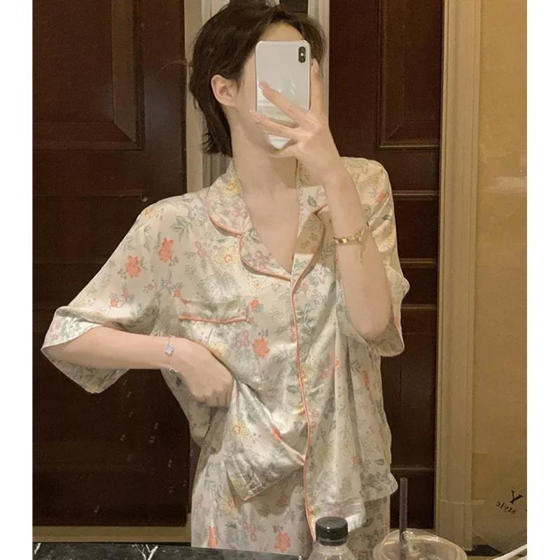 

Пижама женская Ice Silk с короткими рукавами, пижамный костюм, жаккардовая клетчатая домашняя одежда высшего качества, пижама, ночная рубашка, одежда для сна 2XL