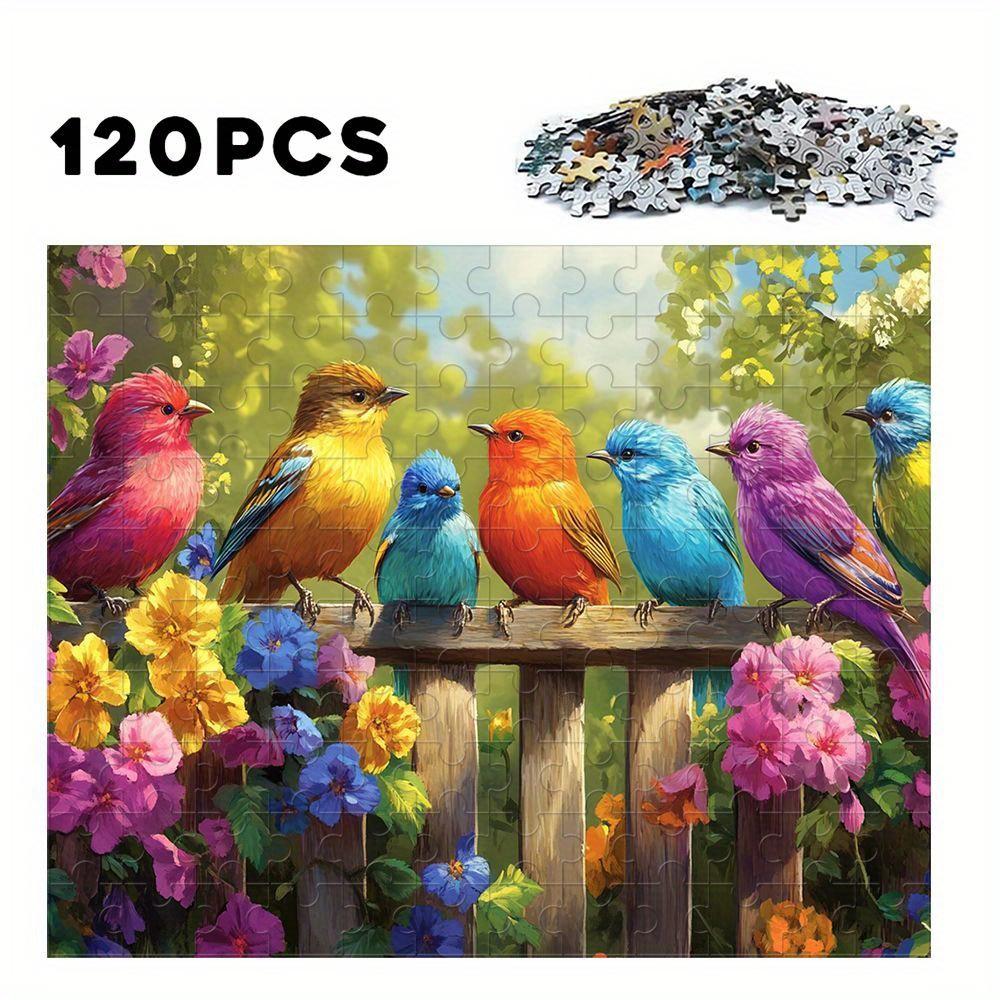 

Songbirds on Fence Wooden Puzzle. Impressionist garden style, a bright decorative gift.