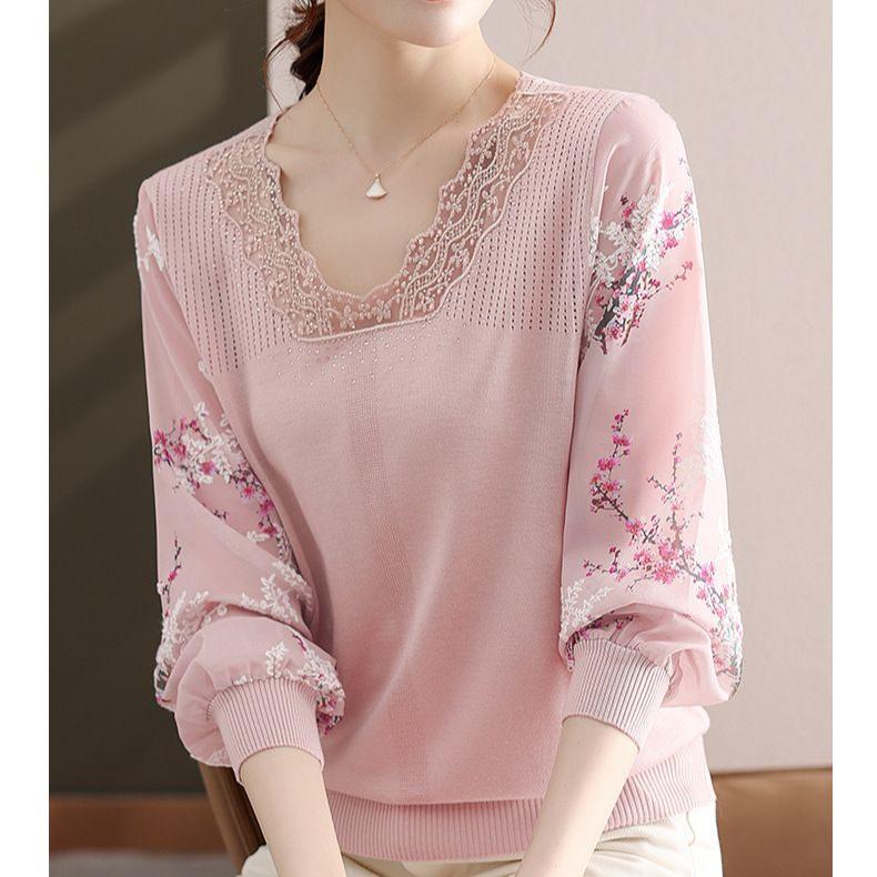 

Элегантная трикотажная блузка для женщин, модные топы для мам, повседневная рубашка для женщин среднего возраста L розовый