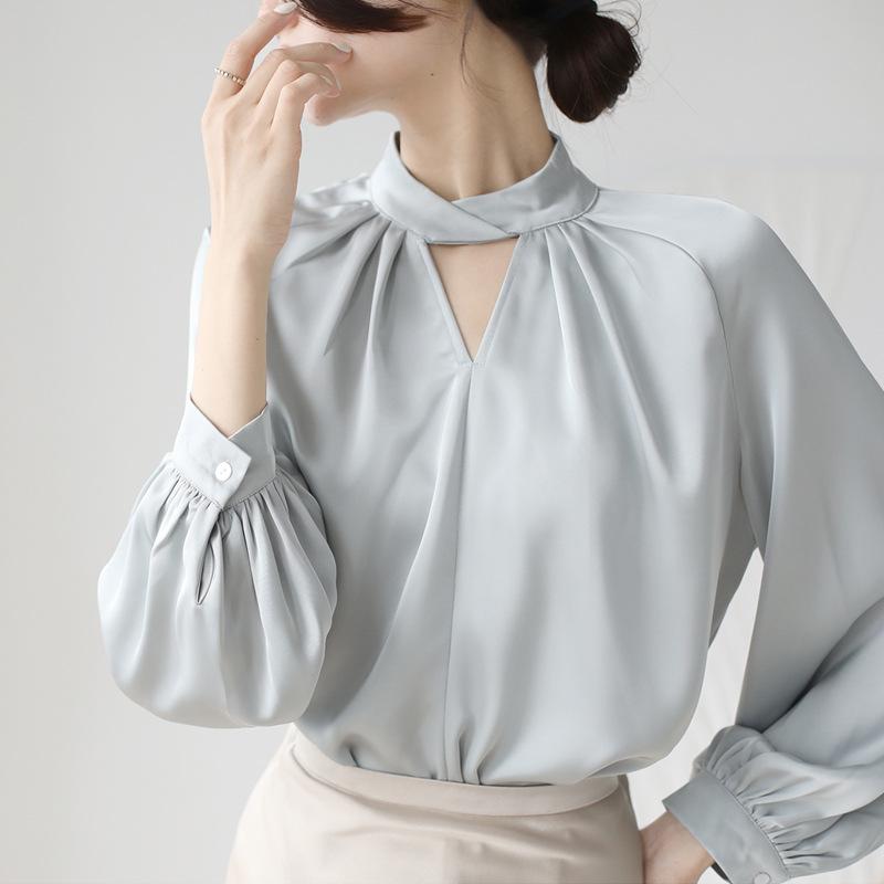 

Женская рубашка с халтером, новинка ранней осени, с воротником-стойкой, ажурная, нежная нишевая блузка с рукавами-буфами XL синий