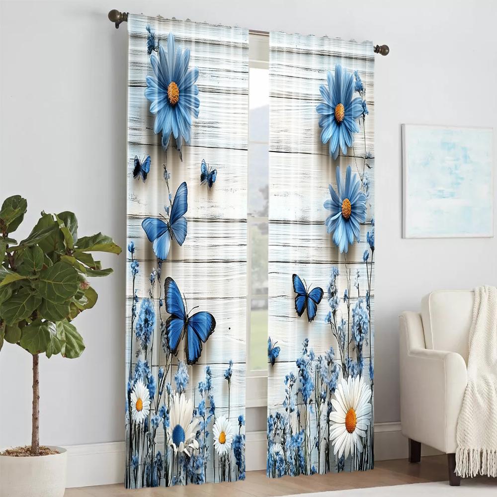 Set Of 2 Rustic Versatile Polyester Transparent Curtains Home Decoration Blue Butterfly Daisy Use Bedrooms Curtain Perfect For Bedroom