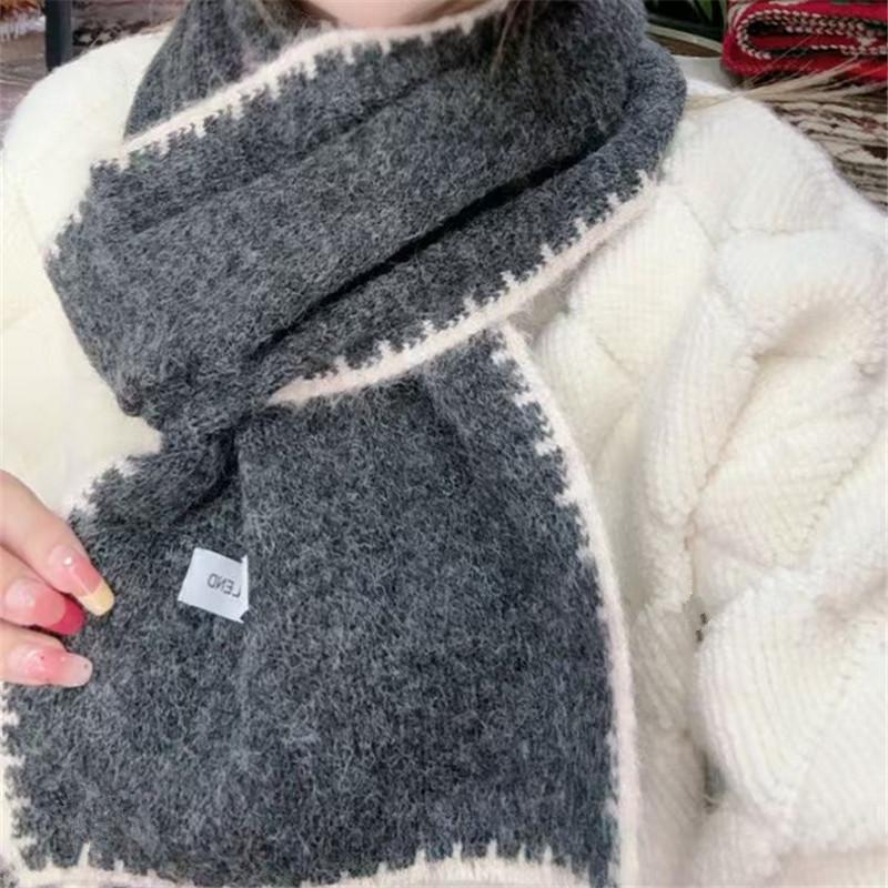 New Simple Solid Color Wool Blended Dog Tooth Edge Knitted Scarf for Women Warm and Windproof Versatile Student White Collar Scarf