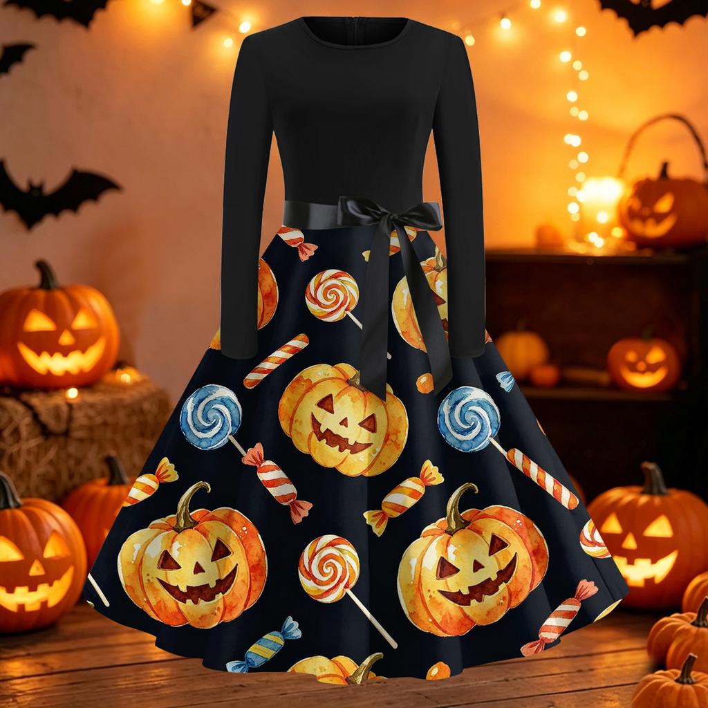 Women's Casual Long Sleeve Dress Halloween Printed Flared Skirt Round Neck Slim Fit Vintage Style Midi Dress with Waist Tie