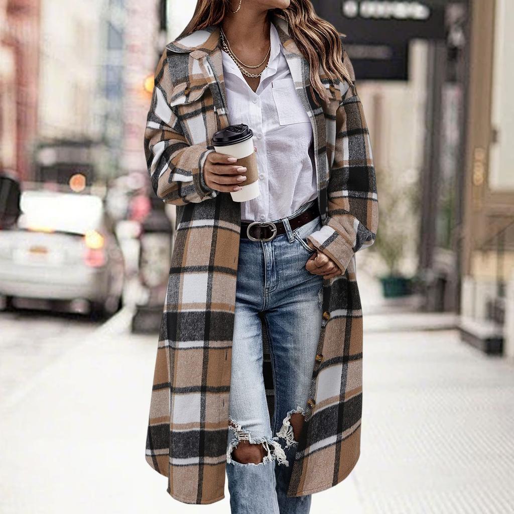 Women's Fashionable Oversized Long-Sleeve Collared Plaid Trench Coat With Patch Pockets