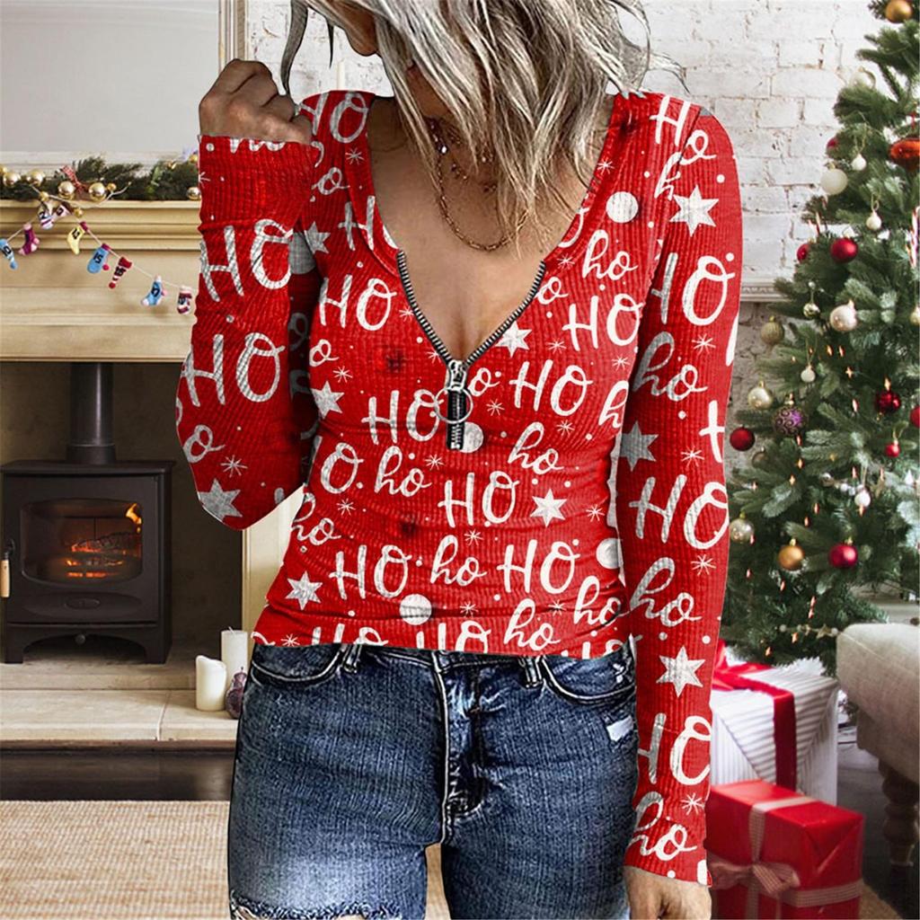 Women's Casual Pullover U-neck Zipper Printed Sweater Christmas Long Sleeve T-shirt