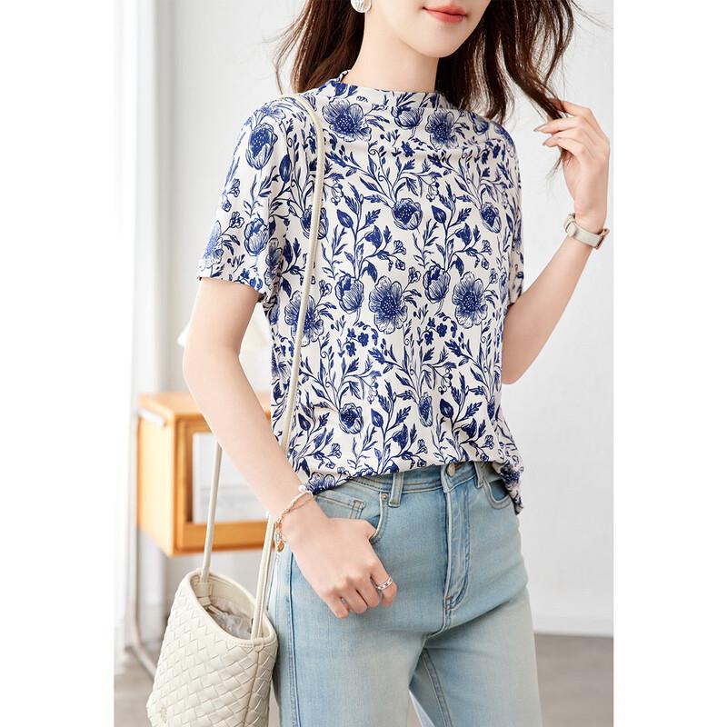 Srcr Women's 100% Mulberry Silk Double-Sided Floral Print T-Shirt