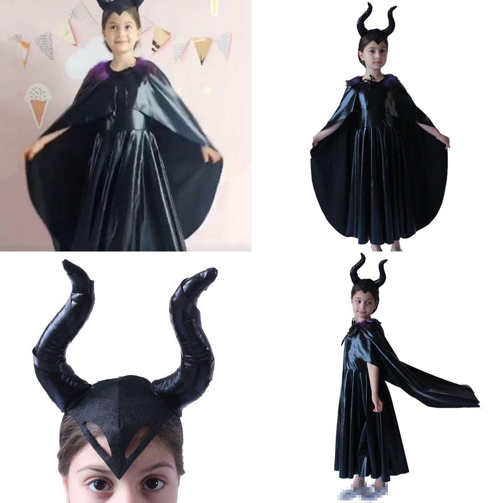 Faszinierendes Maleficent Zauberin Böse Königin Mädchen Kostüm für Halloween mit gehörntem Kopfschmuck