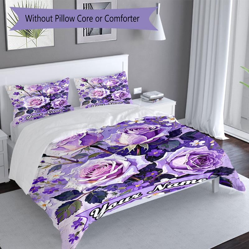 3PC Custom Name Purple Roses Garden Bedding Set Duvet Cover Closure Includes 1 Duvet Cover & 2 Pillowcases for Bedroom