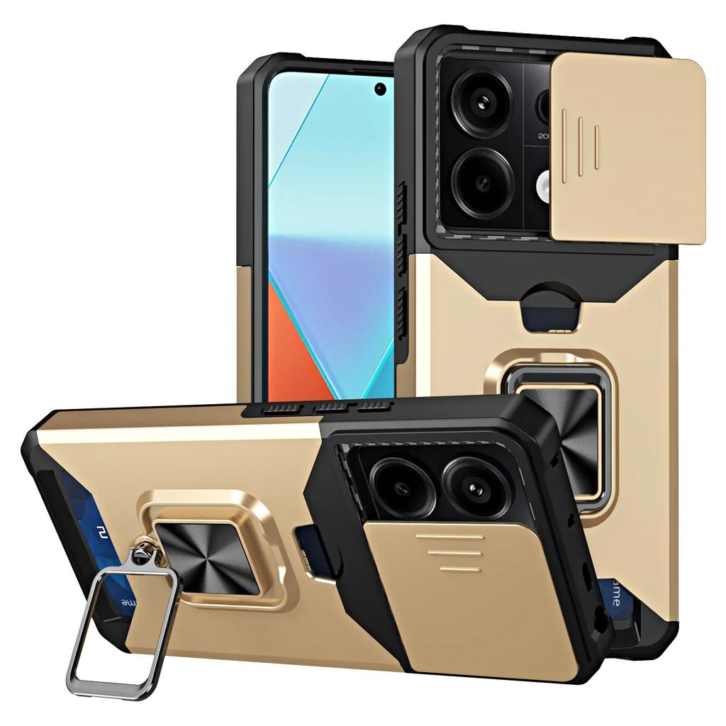Case for Xiaomi Redmi Note 14 13 12 Pro Plus 13C 14C 4G 5G Slide Camera Card Holder Slot Wallet Protective With Ring Stand Cover