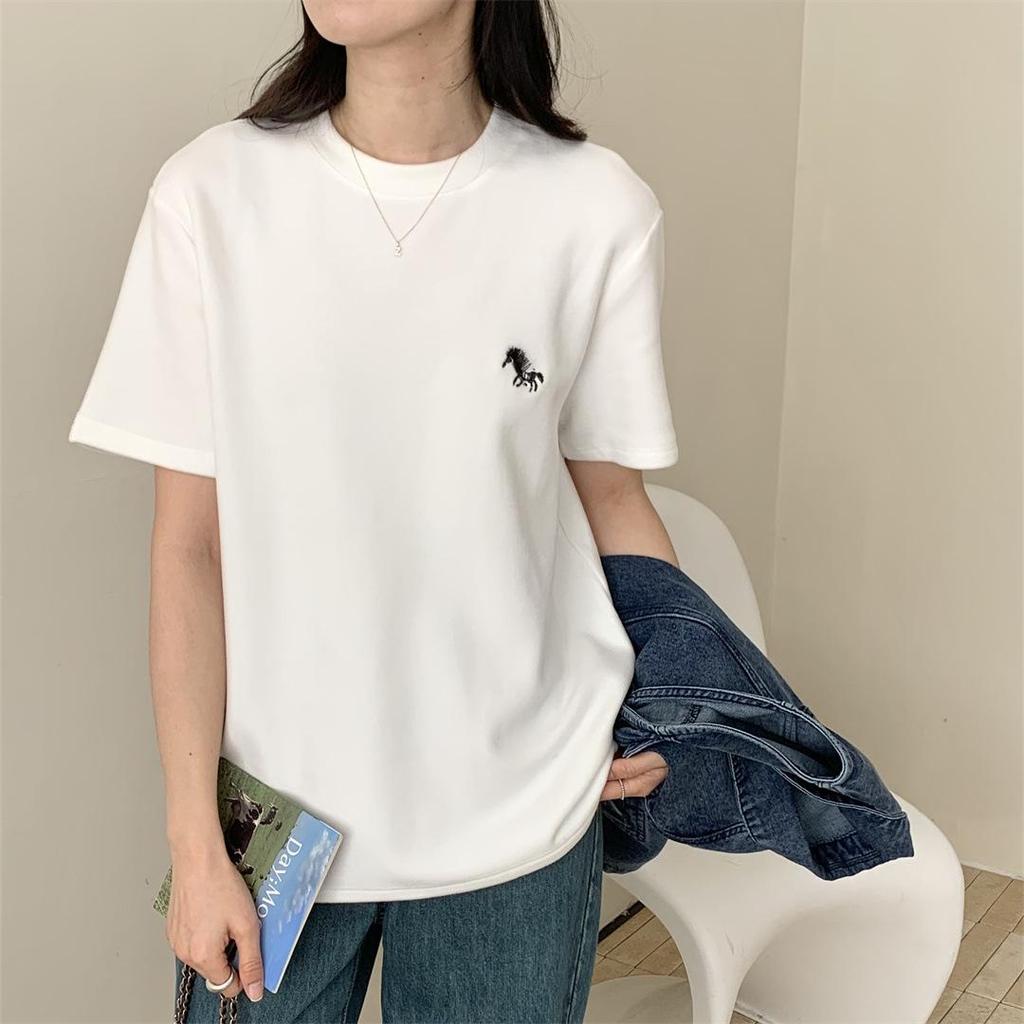 Spring 2026 Embroidered Little Horse Short Sleeve T-Shirt - Versatile and Thickened