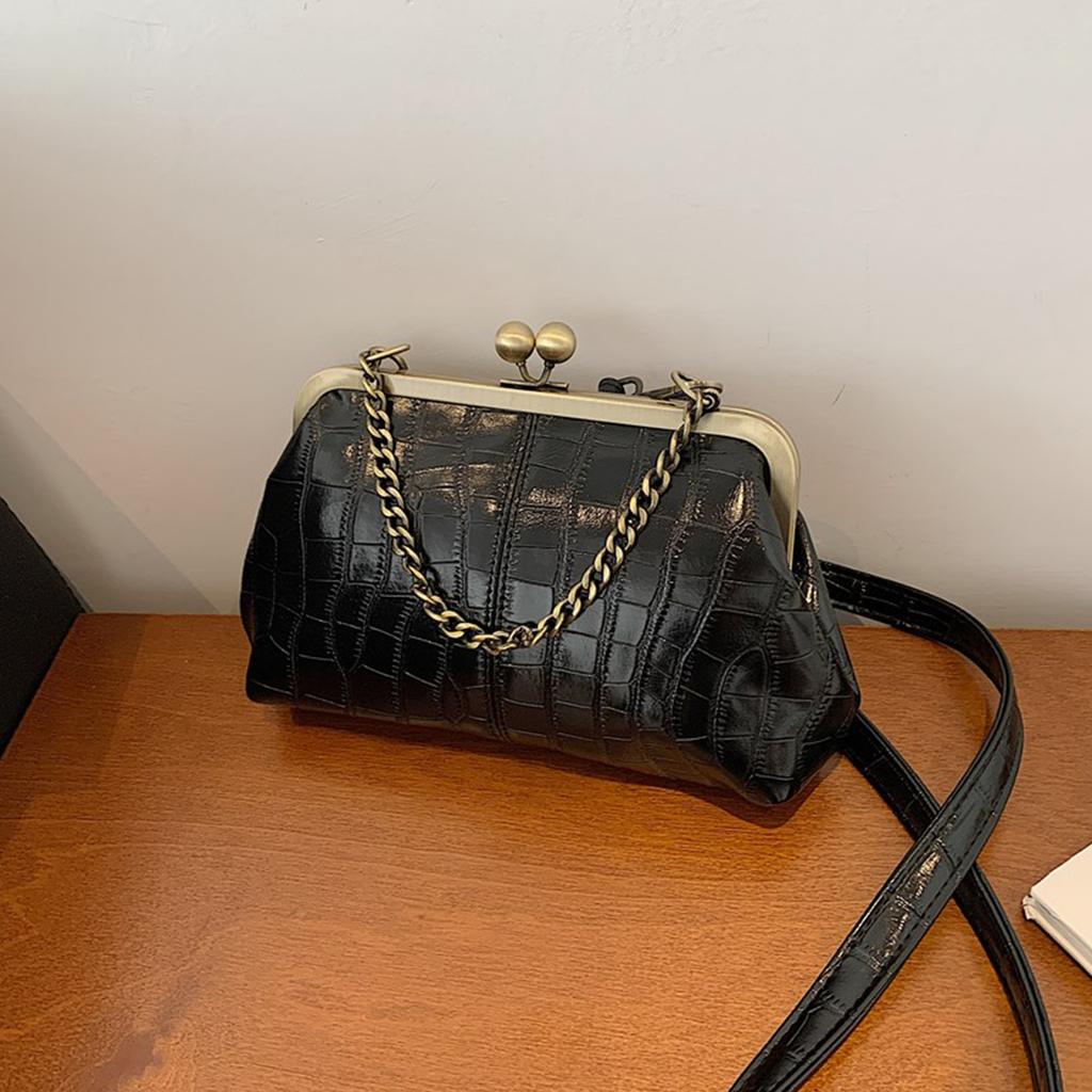 Women Girls PU Leather Kiss Lock Shoulder Bag One Shoulder Crossbody Bag Clip on Chain Handbag for Work School Travel Shopping