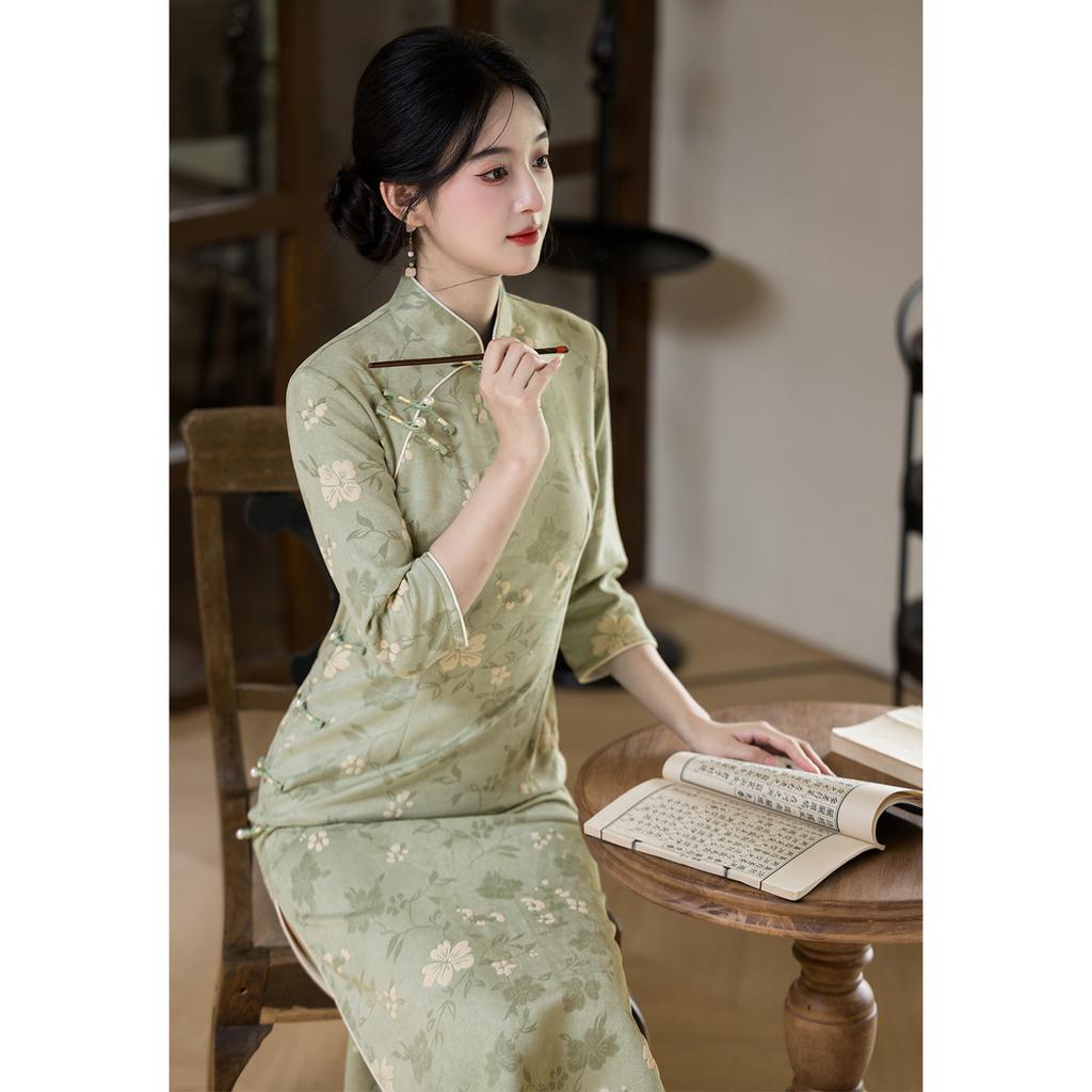 Luo Shibo Stunning Suede Pink Cheongsam 1011 Autumn Daily Lady Fan Temperament Dress Women