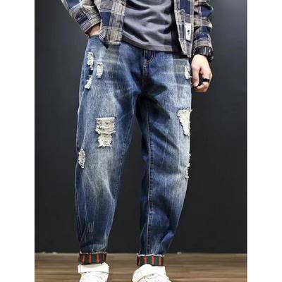 Plus Size Men's Fashion Ripped Loose Foot Washed Jeans