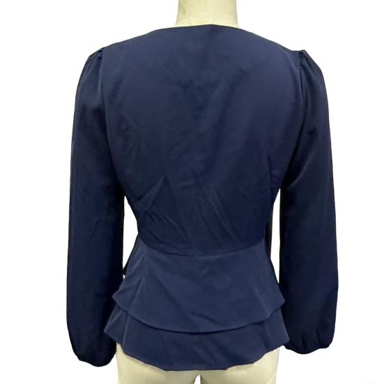 Women Tops V Neck Long Sleeve Slimming Blouse Waist Tight Ruffle Trim Hem Solid Color Shirt Tops Daily Wear
