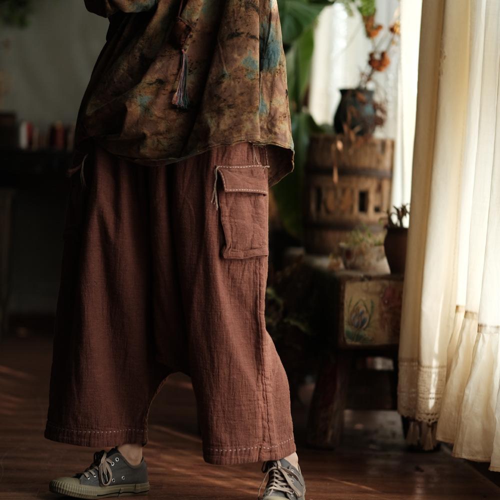 Johnature Women Vintage Pants Spring Chinese Style Pockets Solid Color Loose Soft Elastic Waist Trousers