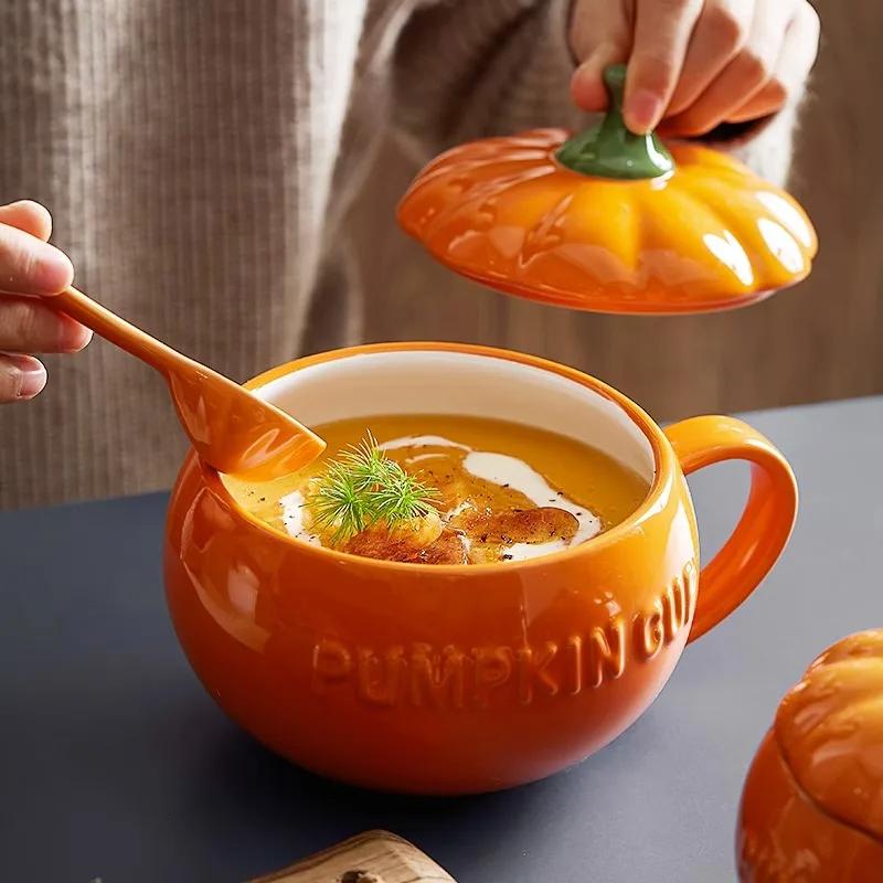 300/450ML Halloween Pumpkin Shaped Ceramic Cup With Spoon Kawaii Soup Mug With Lid Oatmeal Cup Creative Water Cup