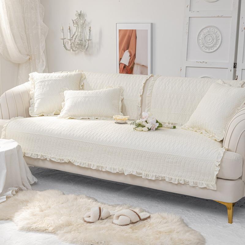 Pure Cotton Ruffled Sofa Cushion for All Seasons, Cotton Fabric Non-slip Cushion Cover, Simple Modern Sofa Cover