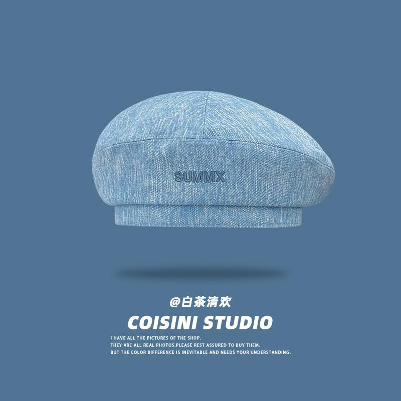 Korean Stylish Denim Beret Hat For Unisex With Embroidered Design Perfect For Spring And Fashion Summer