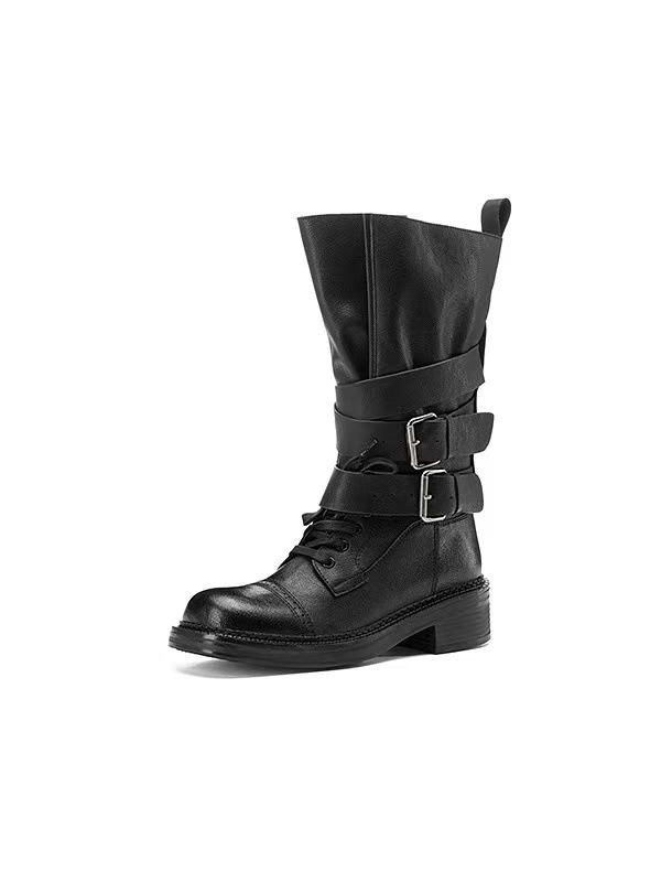 

Sheepskin version~ Belt buckle western locomotive boots thick heel French bare boots round head sleeve small short boots versatile medium boots 35