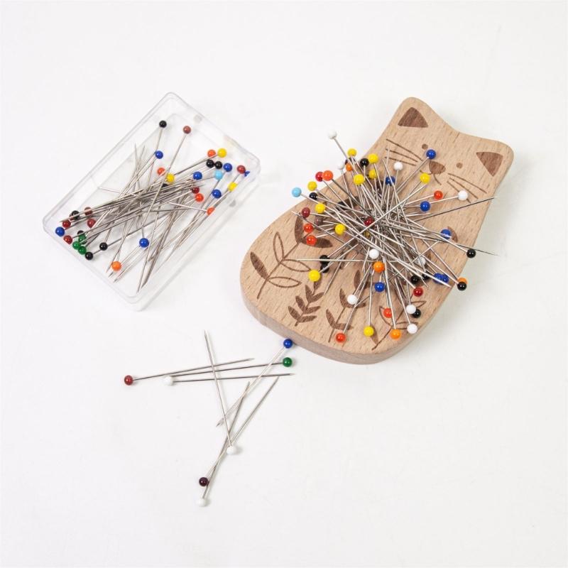 Magnetic Needle Pin Holder with 100Pcs Quilting Positioning Pin Wood Pin Cushion with 38mm Dressmaking Pin for Sewing