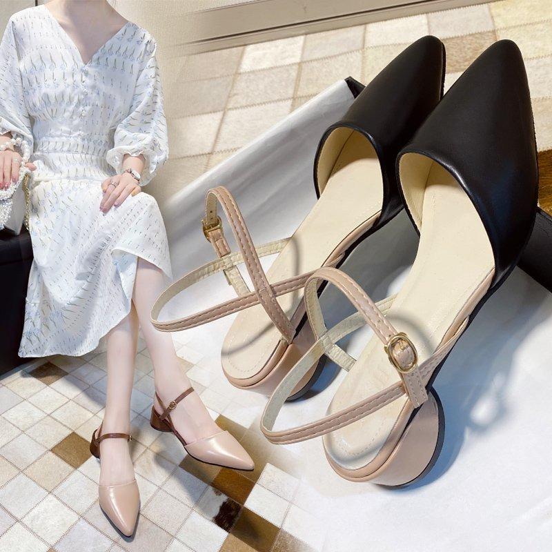 Sandals Women's 20 New Spring and Summer New Pointed Head Bag Head with Medium Heel Thick Heel Shoes