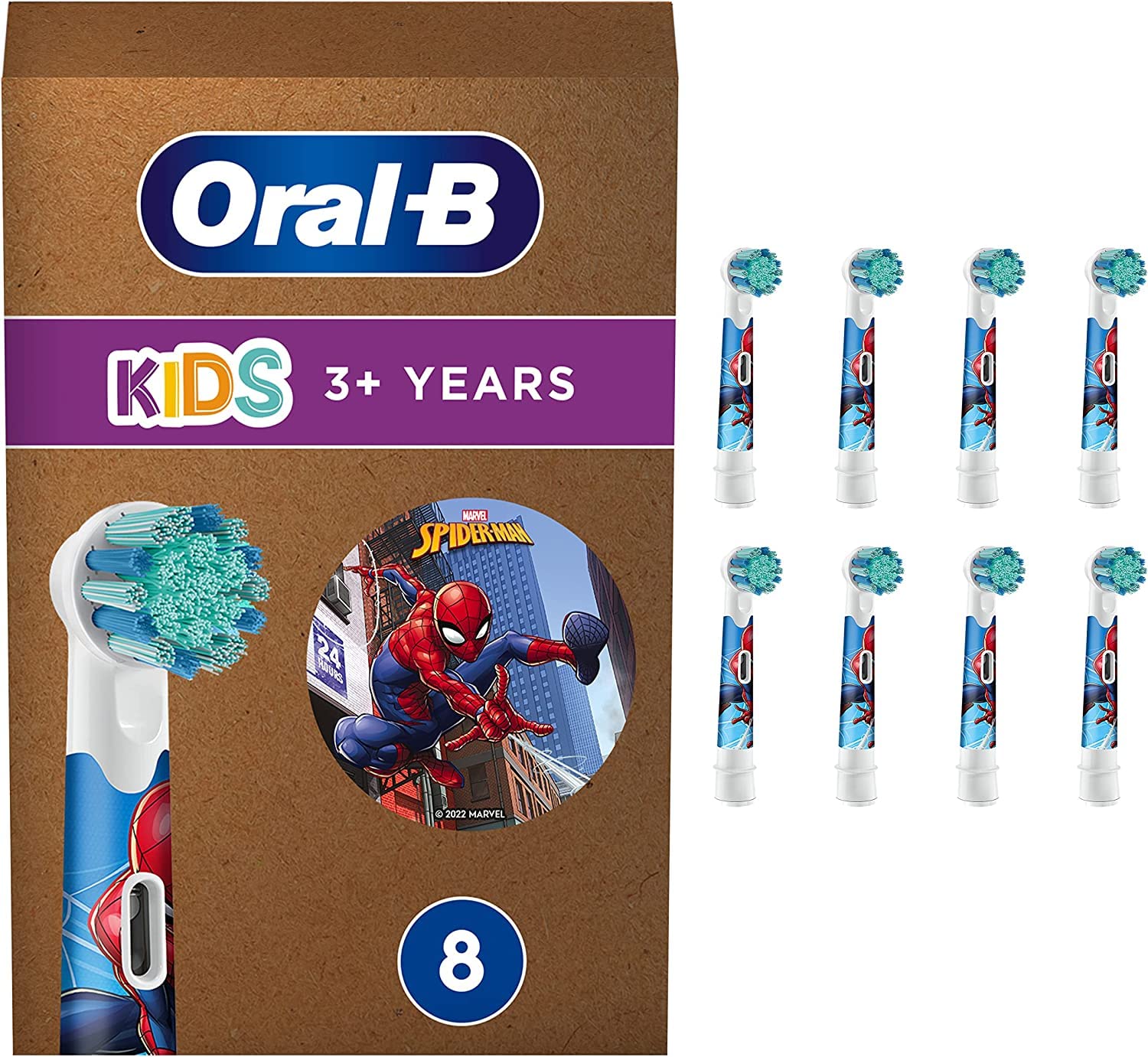 

Braun Clean Kids Soft Toothbrush Replacement 8 Oral-B Brushes, Brushes, Spider-Man Design, Eco-Packaged [Product] синий