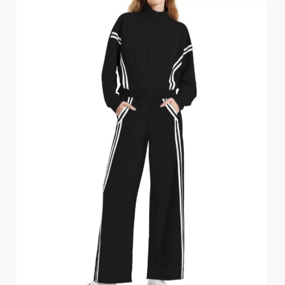 Women's Zip‑Up Stand Collar Striped Side Wide Leg Pants 2‑Piece Tracksuit Set