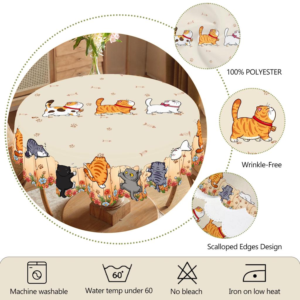 Kitchen Table Cloth Cute Cat Round Tablecloth Home Decor Available Cartoon Pattern Printed Desk Tablecloth Process Courtyard