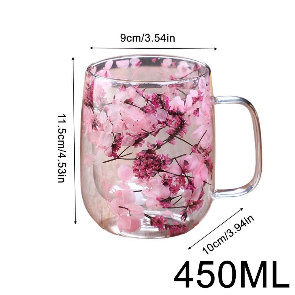 Dried Flowers Coffee Cup Double Walled Glass Coffee Mug Handle Anti-Scald Glass Mugs Dried Flowers Heat Resistant cup 450ml