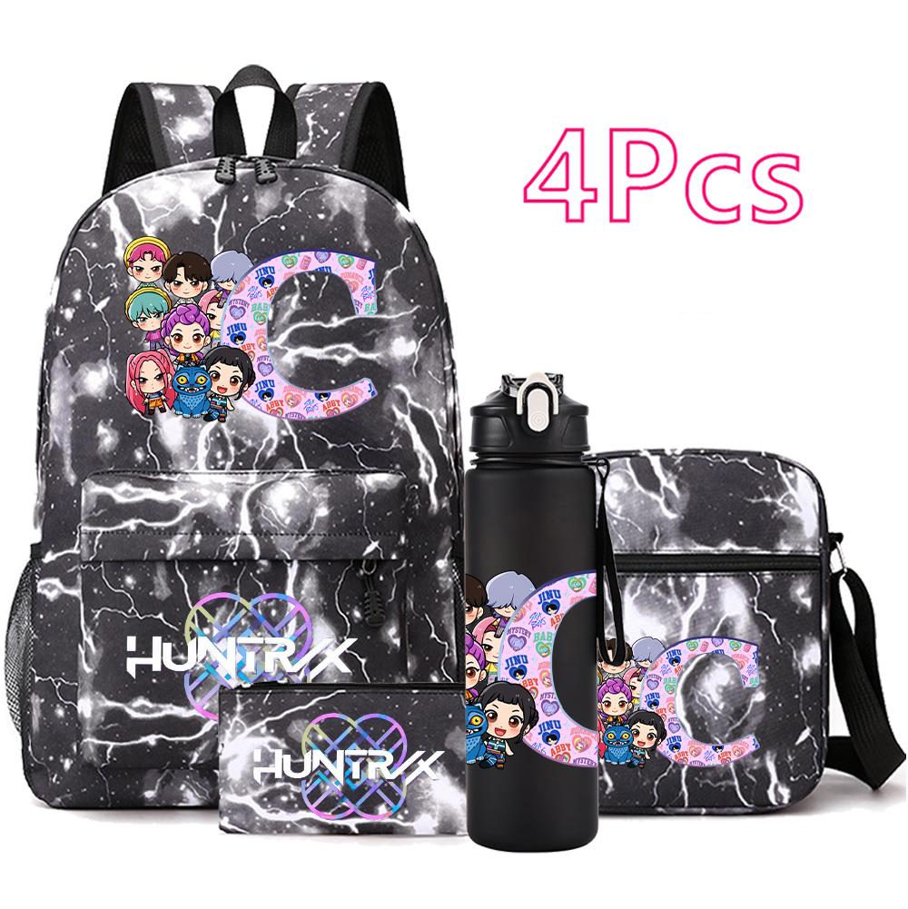 4Pcs/set 26 English Letter KPop Printed Backpack with 750Ml Water Bottler for Teenager Student Girl Boy Bookbag Kid Gift Large Capacity Travel Bag