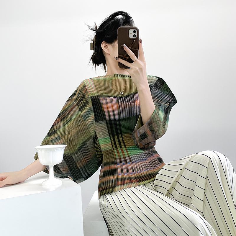Miyake Pleats Akordeonový Top - Retro Color Block 7-rukávový Ležérní Krycí