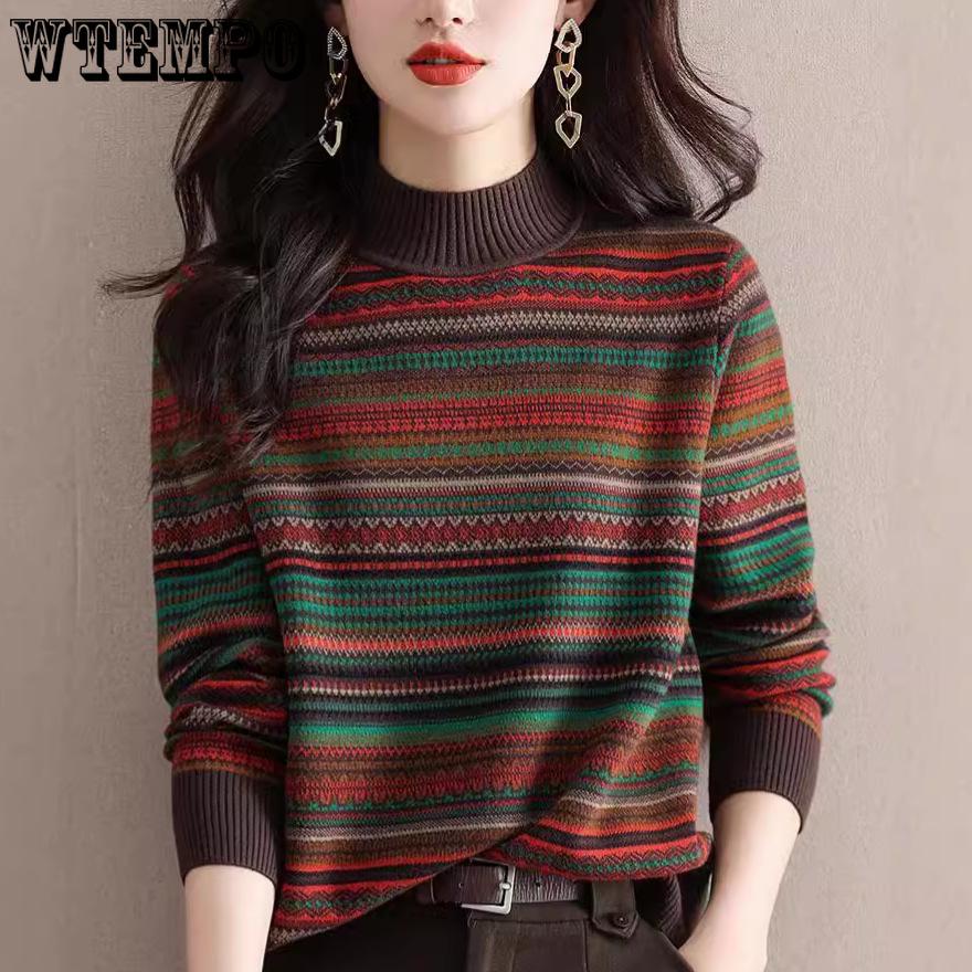 Half Turtleneck Knitted Sweater for Women Vintage Jacquard Sweater Fashionable Striped Casual Pullover for Autumn and Winter