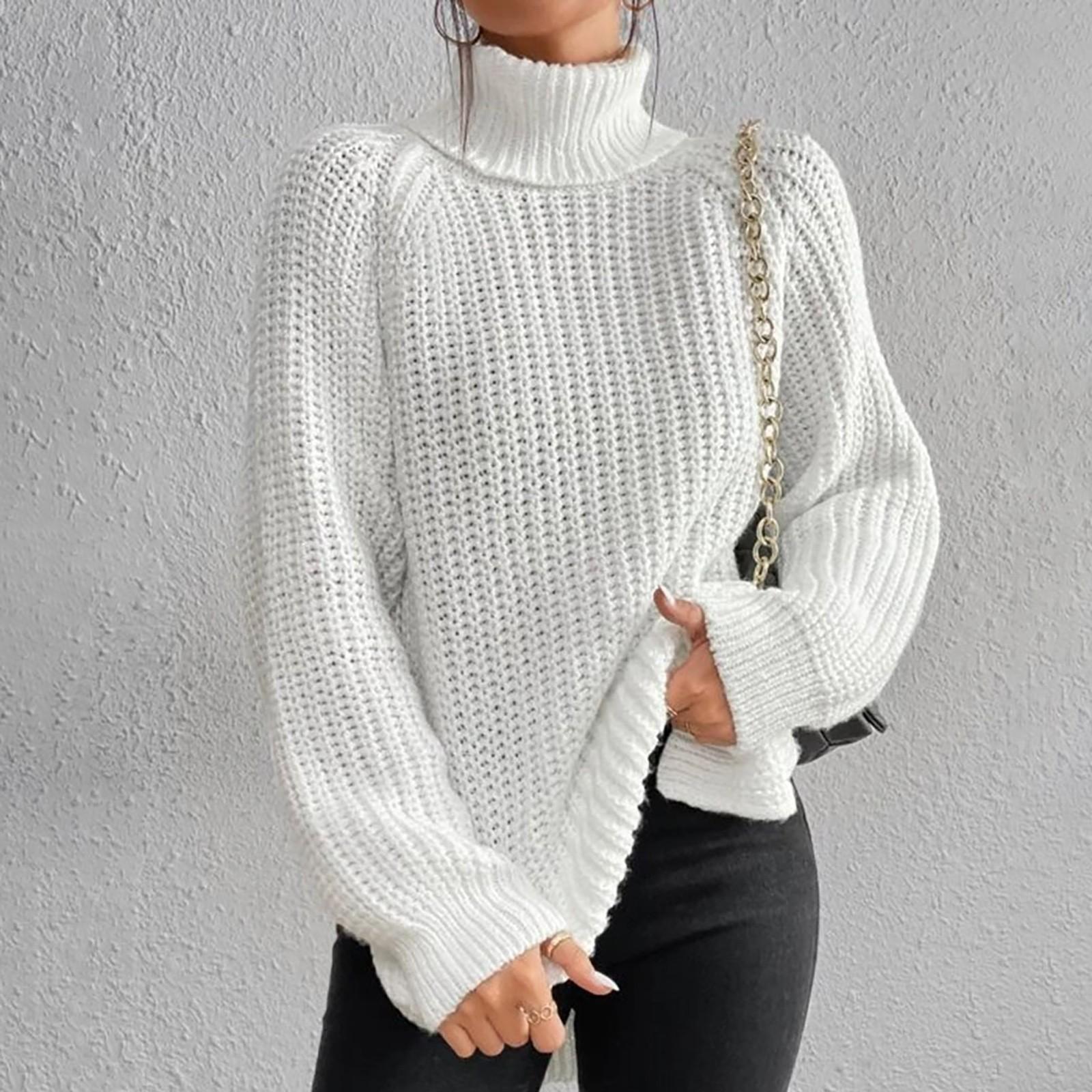 Женский повседневный однотонный тонкий вязаный свитер с высоким воротом и длинным рукавом XL белый 2798₽