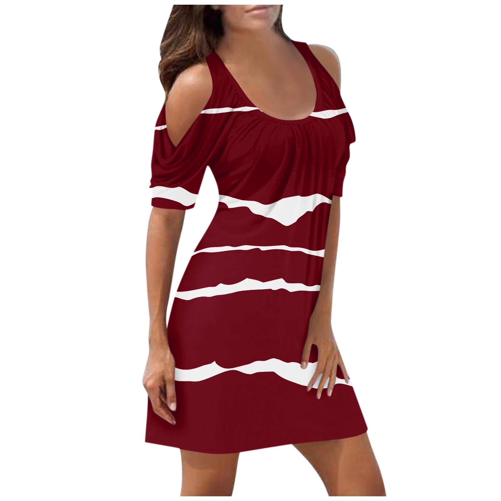 

(SU)Women s Elegant And Sexy Two-Shoulder Cut-Out Printed Short-Sleeved Dress