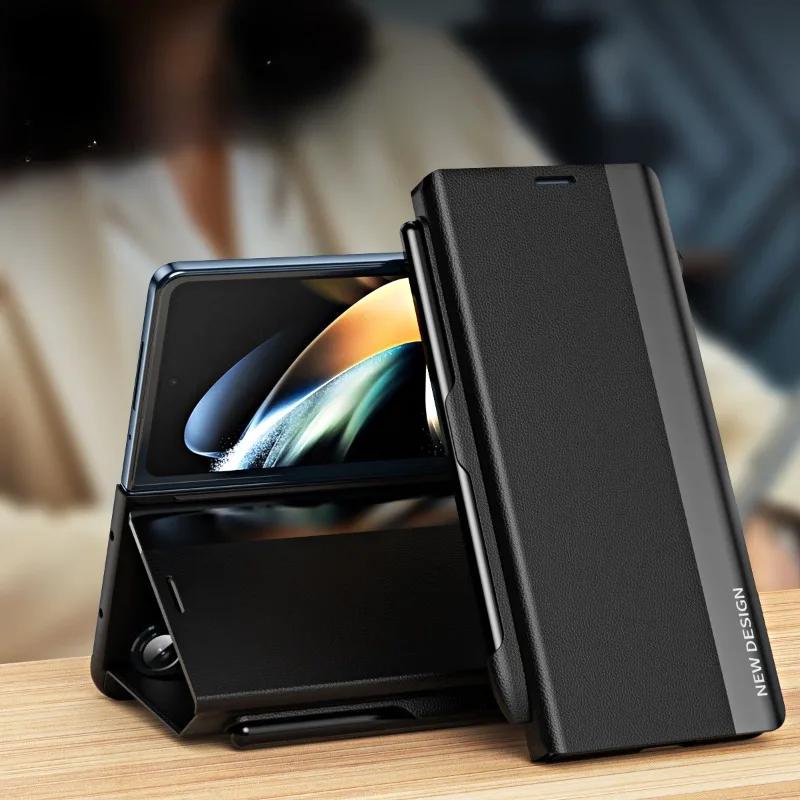 Leather Electroplating Holder Pen Slot Tape Phone Case for Samsung Galaxy Z Fold 6 5 4 3 Fold5 Fold4 Fold3 Magnetic Flip Cover