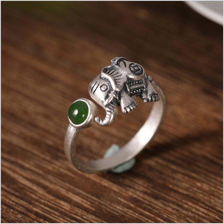 Yin Taifei Thailändischer Silber-Elefantenring mit rotem Achaten & Jade: Damen Retro Offenes Design