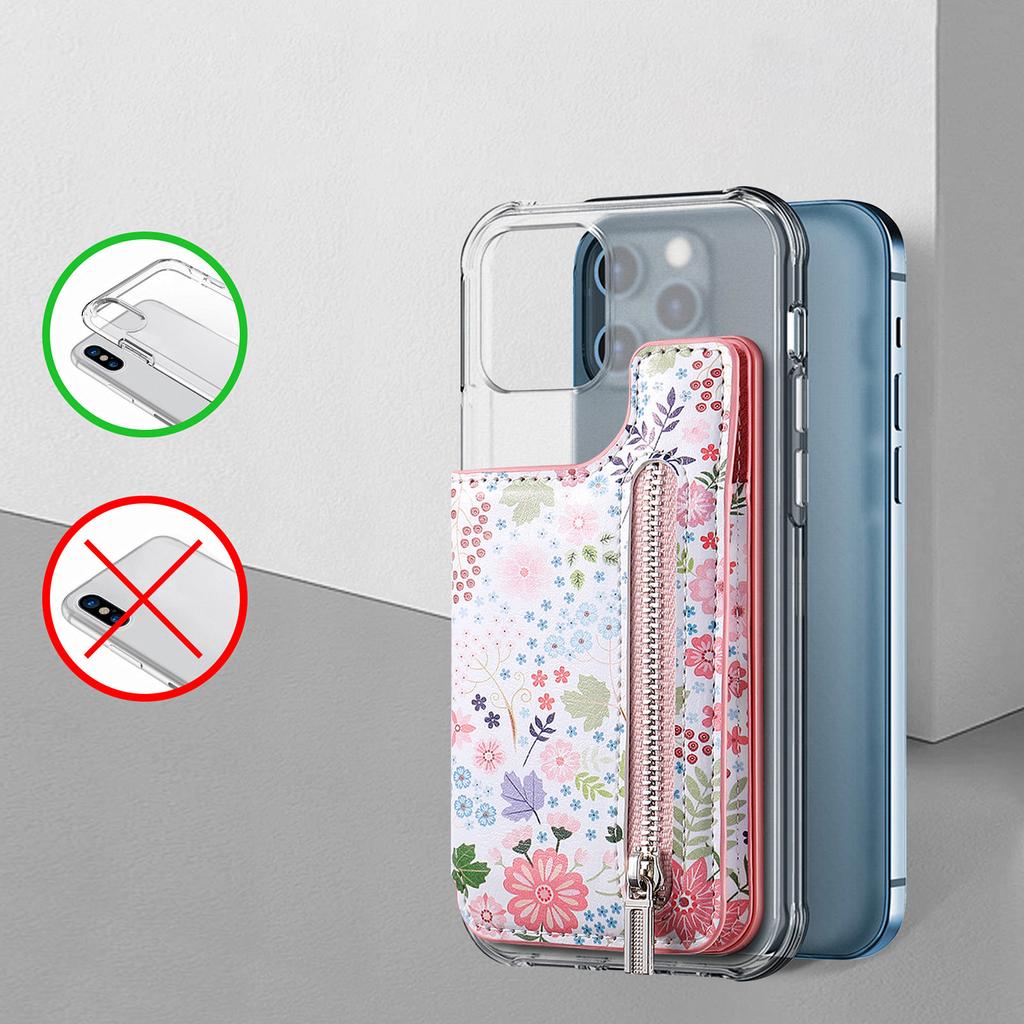 1Pc Flower Painted Phone Case Card Holder With PU Leather Back Sticker Card Bag Portable Adhesive Universal Zipper Wallet Deskto
